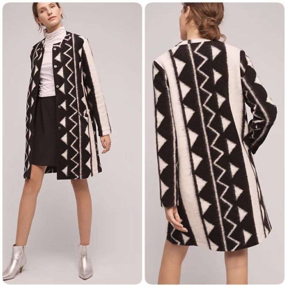 Anthropologie Tabitha Sz L Black & White Geometric Patterned Coat